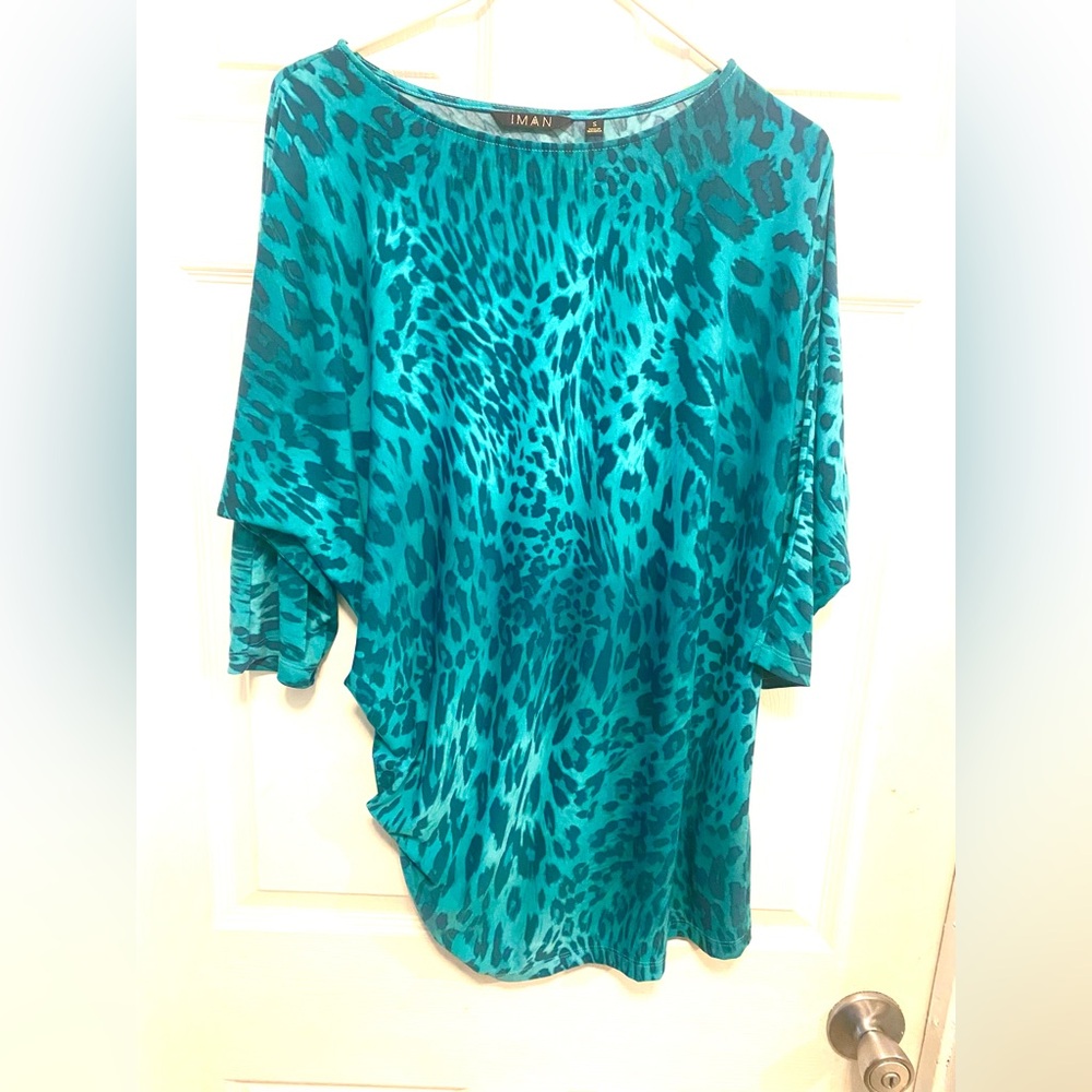 IMAN Turquoise Animal Print Blouse